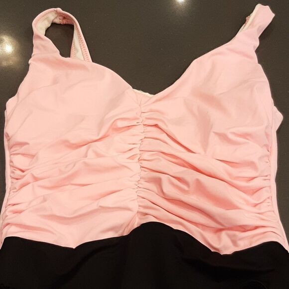 Trimshaper Pink and Black One Piece Rouched Swimsuit - Picture 2 of 11